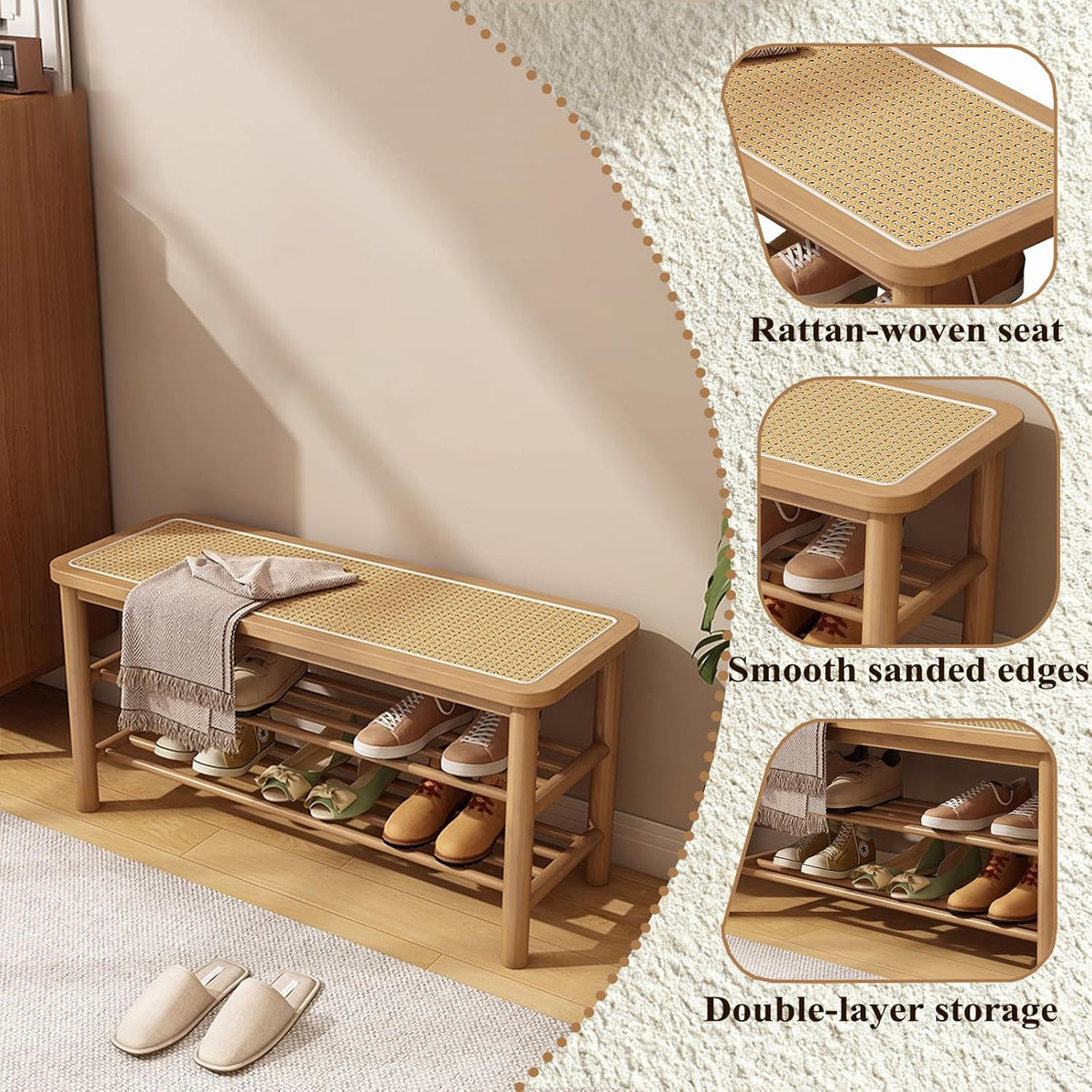 SOBIBO Bamboo Shoe Rack Bench with Rattan Seat, 3-Tier Shoe Storage Bench, Entryway Bench for Hallway,Nature-39.4 inches