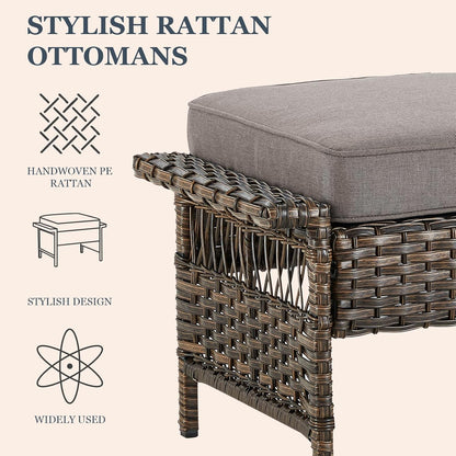 Patio Ottomans 2 Piece Outdoor Wicker Ottomans PE Rattan Footrest with Thickened Cushions Footstools for Garden Sunroom Deck Porch Balcony Poolside, Ottomans(2PCS), Brown|Grey