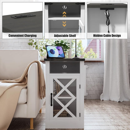 Clihome End Table with Charging Station, 15.4'' Rustic Nightstand with Barn Door & Adjustable Shelf, Wooden Sofa Side Table with 3-Tier Storage for Living Room, Bedroom, White