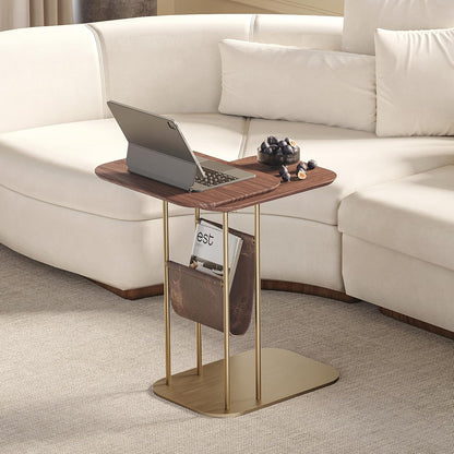 LOVEDIMA C-Shaped Walnut & Gold Rotating Side Table with Storage - 360° Swivel Top,Built-in Magazine Rack,Modern End Table for Sofa/Bedside