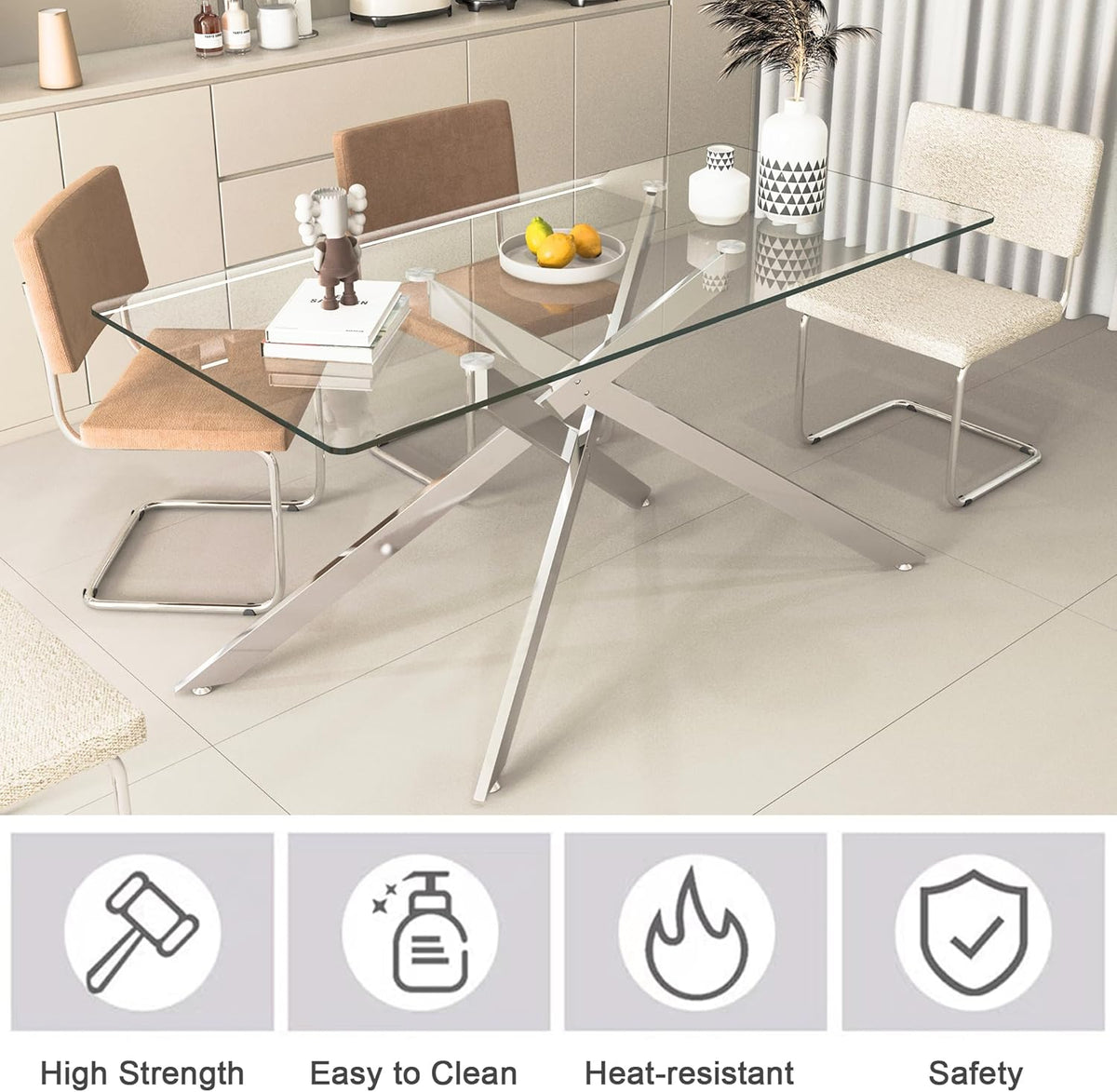 61" Rectangle Glass Dining Table for 4-6, Luxury Kitchen Table with Tempered Glass Top and Silver Metal Cross Legs, Modern Glass Dinner Table for Kitchen Dining Room Small Apartment