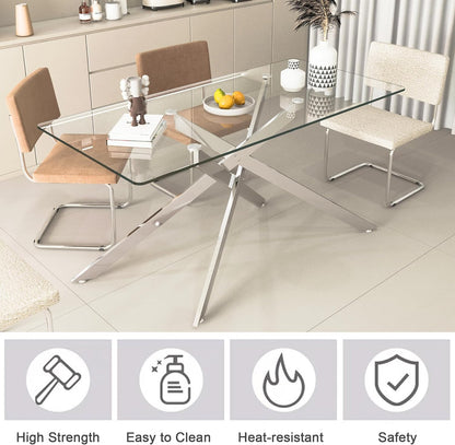 61" Rectangle Glass Dining Table for 4-6, Luxury Kitchen Table with Tempered Glass Top and Silver Metal Cross Legs, Modern Glass Dinner Table for Kitchen Dining Room Small Apartment