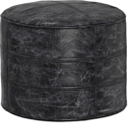 SIMPLIHOME Connor 18" Wide Round Pouf in Distressed Black Genuine Leather