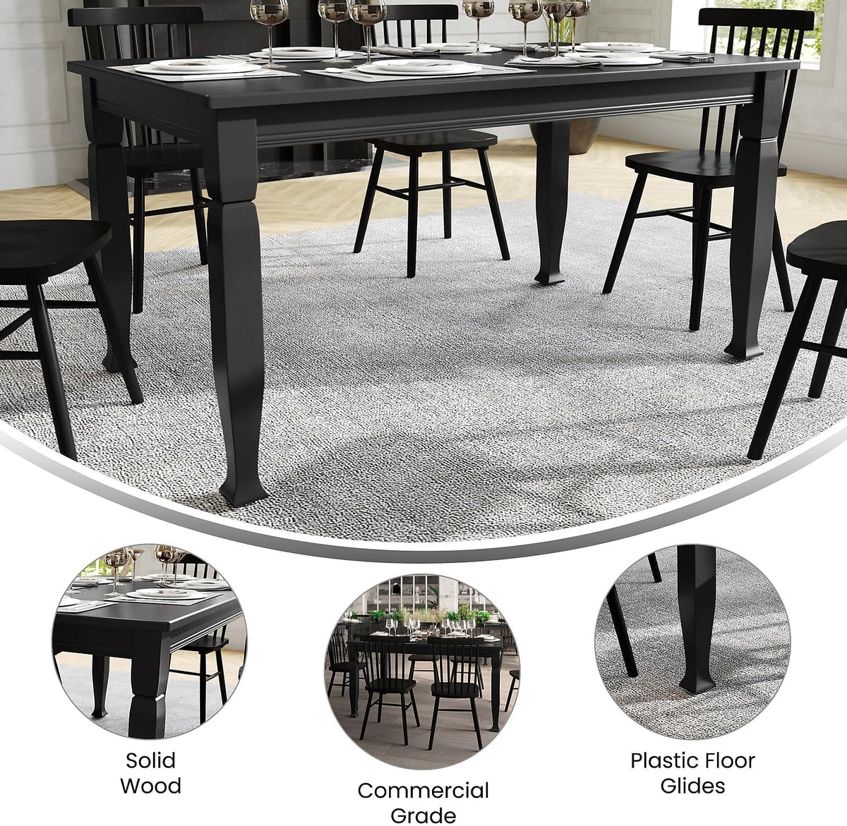 Flash Furniture Grace 60" Solid Wood Dining Table, Commercial Grade Heavy Duty Wood Table, Decorative Turned Legs, Water Resistant Finish, Seating for 6, Black