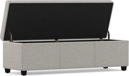 SIMPLIHOME Avalon 54" Wide Linen Look Fabric Storage Ottoman in Cloud Grey | Contemporary lift-top ottoman with high-density foam; rectangle storage bench or coffee table for living room or entryway.