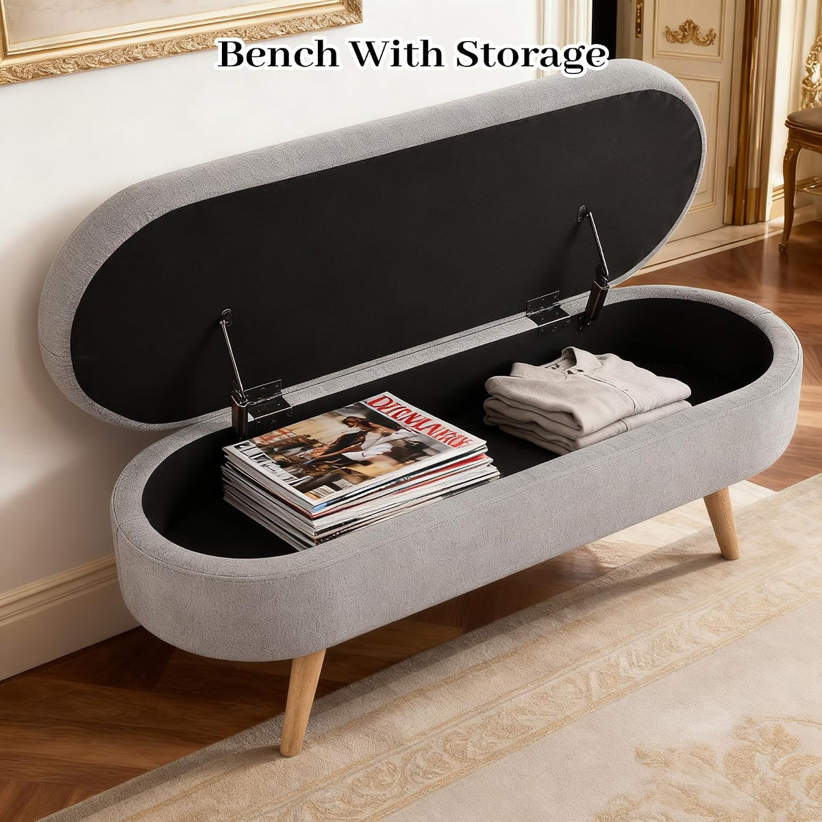 Storage Bench, 43" Storage Ottoman Bench for Bedroom, Upholstered Entryway Benches with Seating, Rubber Wood Legs, Shoe Storages Benches for Bedroom, Living Room, Entryway, Bed Side, Grey