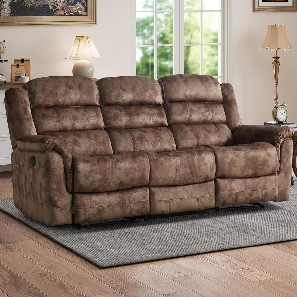 EBELLO Reclining Sofa for Living Room, Extra Wide Modern Overstuffed 3 Seat Recliner Manual Sofa Chair, Breathable Soft Fabric and Padded Seat, Brown