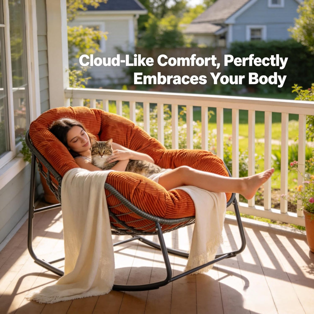 Oversized Outdoor Papasan Rocking Chair with Soft Cushion, Comfy Patio Egg Chair, Wicker Lounge Rocker for Balcony/Porch/Garden, Reinforced All Weather Rattan Frame, 330 lbs Support, Burnt Orange