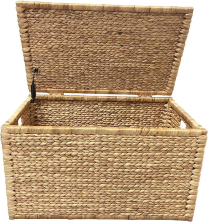 eHemco Water Hyacinth Wicker Storage Trunk, Natural, 30x17.5x17.5 Inches | Safety Hinge, Metal Frame, Decorative Blanket Chest & Storage Box, Farmhouse Woven Storage, For Living Room & Entryway