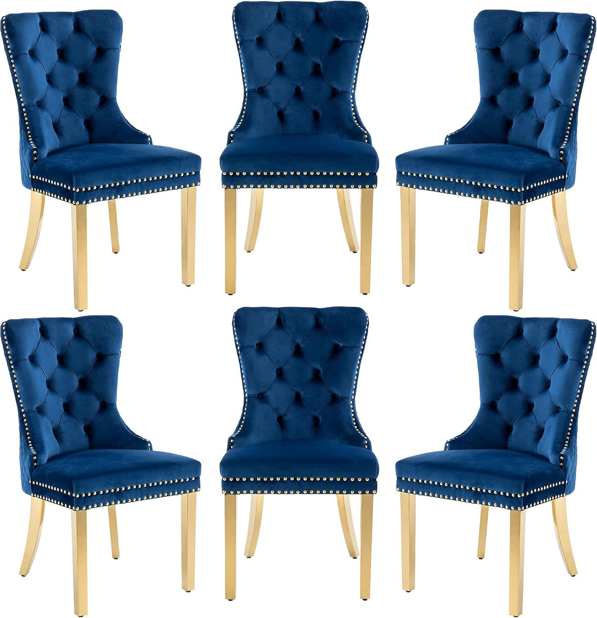 Dining Chairs Set of 6, High-end Back Lion Head Ring with Rhomboid Pattern | Elegant Button Tufting, Add Luxury to Dining Room, Bedroom, or Living Space, Durable Easy-clean Blue Velvet, Gold Legs