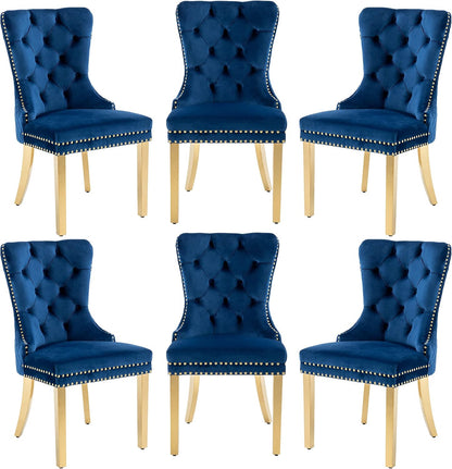 Dining Chairs Set of 6, High-end Back Lion Head Ring with Rhomboid Pattern | Elegant Button Tufting, Add Luxury to Dining Room, Bedroom, or Living Space, Durable Easy-clean Blue Velvet, Gold Legs