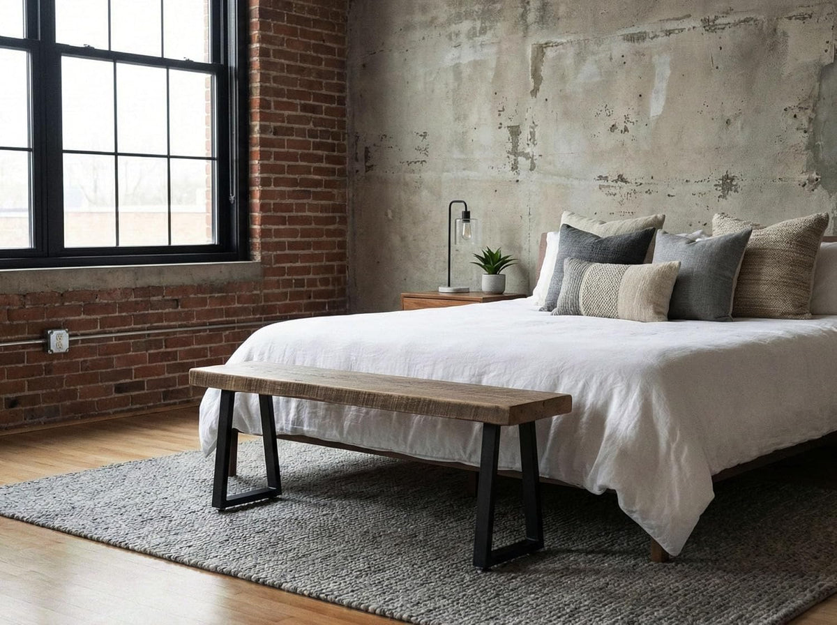 Rustic Revival Reclaimed Barnwood Bench, Solid Wood with Metal Base, Modern Farmhouse Style, 2-Inch Thick Top, for Entryway, Bedroom, Living Room (30x12)