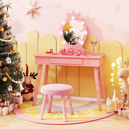 HONEY JOY Kids Vanity with Lights, Princess Wooden Makeup Table & Stool with Drawer, 3-Color LED Lights, Toddler Dressing Vanity for Little Girls, Pretend Play Kids Vanity Table and Chair Set (Pink)