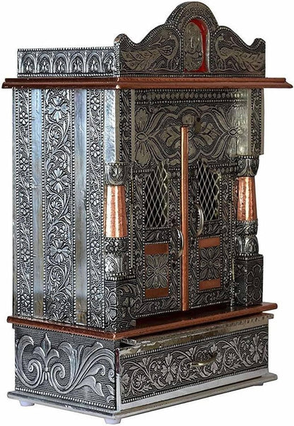 Oxidized Metal Pooja Mandir with Doors and Drawer, Silver, Ganesha Embossed, Traditional Hindu Temple