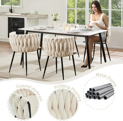 Velvet Dining Chairs Set of 4 with Black Metal Legs,White | Modern Accent Chairs with Upholstered, Woven Backrest, for Living Room, Dining Room, Kitchen,Easy and Quick Assembly