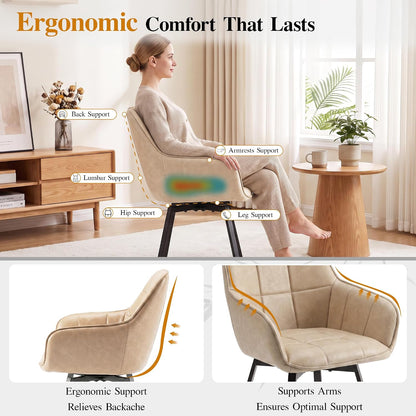 TUKAILAi Swivel Dining Chairs Set of 2, Faux Leather Dining Chairs with Arms & Metal Legs, Upholstered Mid Century Rotatable Kitchen Chairs for Living Room Bedroom Kitchen Restaurant (Cream)
