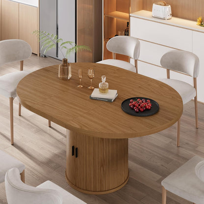 Vipbear Extendable Dining Table 43-59" for 4-6 People, Solid Wood Top with Fluted Slide Door & 8-Compartment Storage, Space Saving Round Dining Room Kitchen Dinner Tables with Pedestal Base (Walnut)