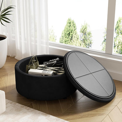30 Inch Round Storage Ottoman,Modern Tufted Ottomans,Circular Coffee Table with Removable Top,Upholstered Large Ottoman with Storage Footrest Stool for Bedroom Living Room (Black)