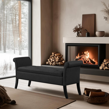 Yaheetech 52in Rolled Arm Storage Ottoman Bench Seat for Entryway, Black | Button-Tufted Bench Seat with 1.9C Storage Space, Rolled Arms, Wood legs, Metal Hinges, for Living Room Window Seat Entryway