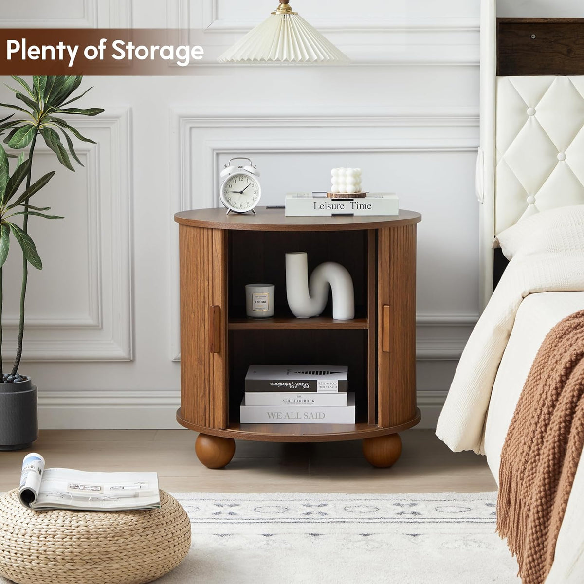24" End Table with Charging Station, Farmhouse Round Fluted Wood Night Stand, Mid-Century Large Side Table with Storage & Sliding Door for Living Room, Bedroom (Round, Walnut)
