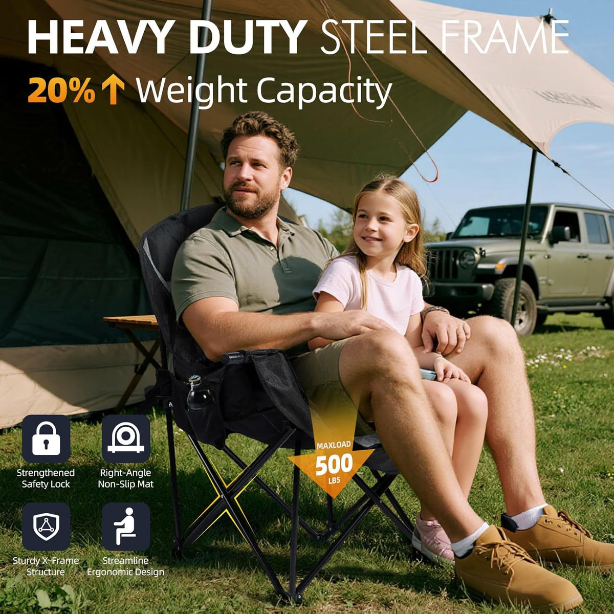Oversized Camping Chairs for Adults - Heavy Duty Padded Outdoor Folding Lawn XL Camp Chair with Cup Holder Cooler Pockets for Outside Sports Beach Fishing Garden Portable Supports 500lbs, Black