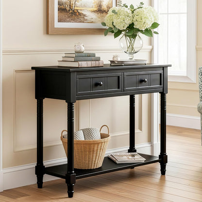 Knocbel Antique Entry Console Table with 2 Drawers & Bottom Open Shelf, Wood Sofa Tables for Entryway Hallway Living Room, 35.34" W x 13.8" D x 30.25" H, Black