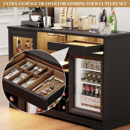 BROTTAR Large Coffee Bar Cabinet with Fridge (Fridge Included) | Liquor Wine Bar Cabinet with LED Lights, Glass Holder, Wine Rack, Human Body Sensor, Buffet Sideboard for Home, Black