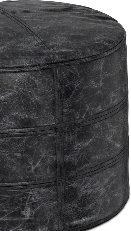 SIMPLIHOME Connor 18" Wide Round Pouf in Distressed Black Genuine Leather