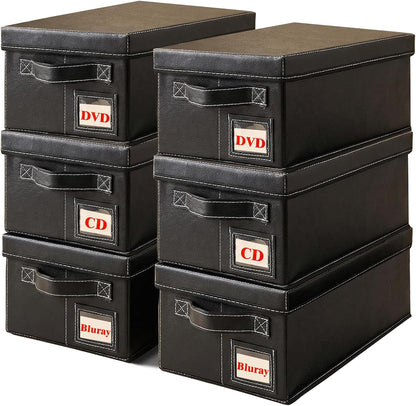 DVD Storage Box 6 Pack, PU Leather DVD Organizer Stackable, Holds 156 DVDs, Disc Organizer for Blu ray CD Video Game, Home Entertainment Media Holder