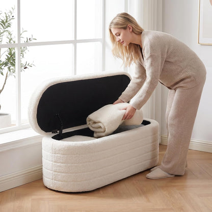 Teddy Sherpa Storage Ottoman Bench End of Bed, White | Modern Boucle, Oval Design, Safety Hinge Lid, Hidden Storage, Window Seat, Living Room, Bedroom, Entryway, No Assembly