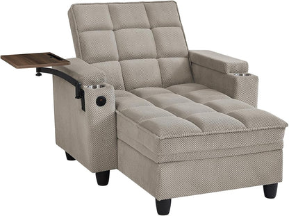 Eafurn Convertible Chaise Lounge Sleeper Chair with Storage and 6-Position Reclining Backrest,Modern Tufted Recliner Lounge Chaise Chair with Swivel Tray Table & USB Port for Living Room