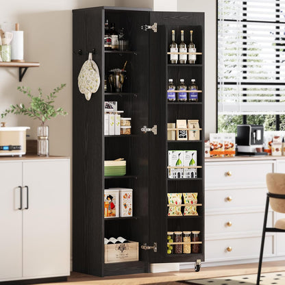 IRONCK Narrow Kitchen Pantry Storage Cabinet, 72" Slim Single Door with 6 Adjustable Shelves, Door Rack and Wheels, Space Saving Freestanding Storage Floor Cabinet for Small Place, Black