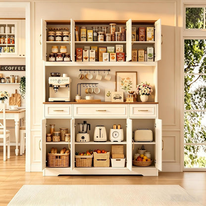 71" Tall Farmhouse Kitchen Pantry Cabinet, 55" Wide Storage Hutch with LED Lights, Charging Station, Drawers & Adjustable Shelves, Multi-Purpose Microwave Coffee Bar for Kitchen Dining Room (White)