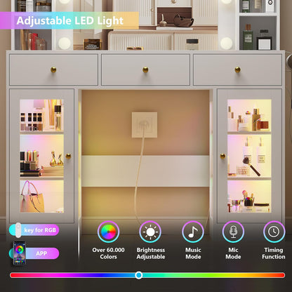 HUANLEGO White Vanity Desk with Mirror and Lights, Glass Top Vanity with Lighted Mirror & RGB Glass Cabinet and 3 Drawers, Makeup Vanity Desk with Lights Dressing Table for Bedroom, 3 Color Modes