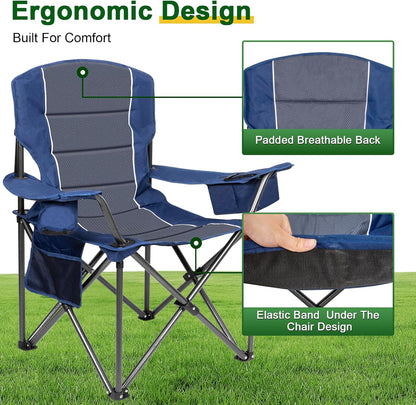 Oversized Padded High Back Camping Chairs,2 Pcs Heavy Duty Folding Chairs Support 500LBS with Cooler Bag,Cup Holder Cooler Bag, Collapsible Chairs for Outdoor, Tailgate, Fishing, Blue