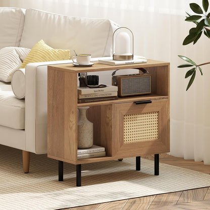 Giantex Rattan End Table with Cabinet, Boho Nightstand with Storage Shelves, Narrow Side Table for Small Space, Rustic Wooden Bedside Tables for Bedroom, Living Room, Entryway