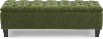 Christopher Knight Home Ottilie Boucle Fabric Storage Ottoman Bench, Wooden Rectangular Ottoman with Storage, Bedroom End of Bed Foot Stool, Entryway Ottoman Footrest, Living Room Extra Seat, Green