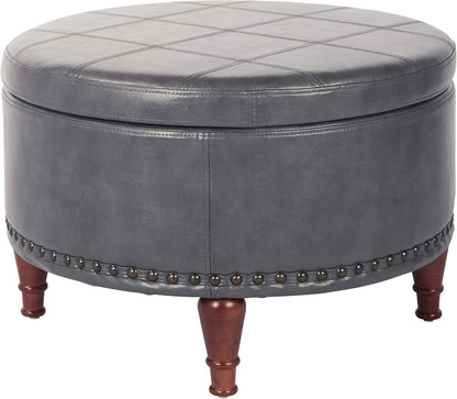 OSP Home Furnishings Alloway Storage Ottoman with Antique Bronze Nailheads, Pewter Faux Leather