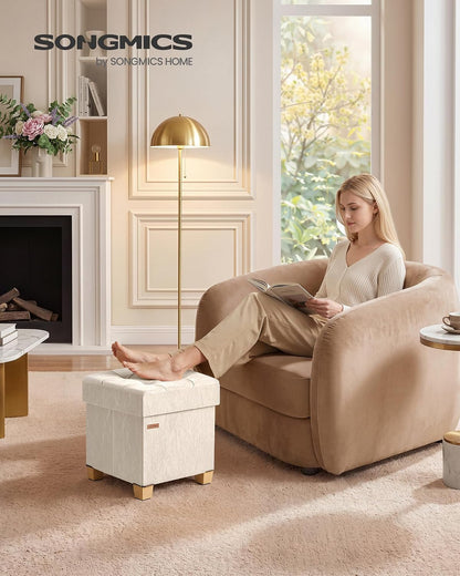 SONGMICS Storage Ottoman, Textured PU Leather Footstool with Legs, Footrest with Cushion, for Living Room and Bedroom, 15 x 15 x 15.7 Inches, White, Minota Collection ULSF523WD01