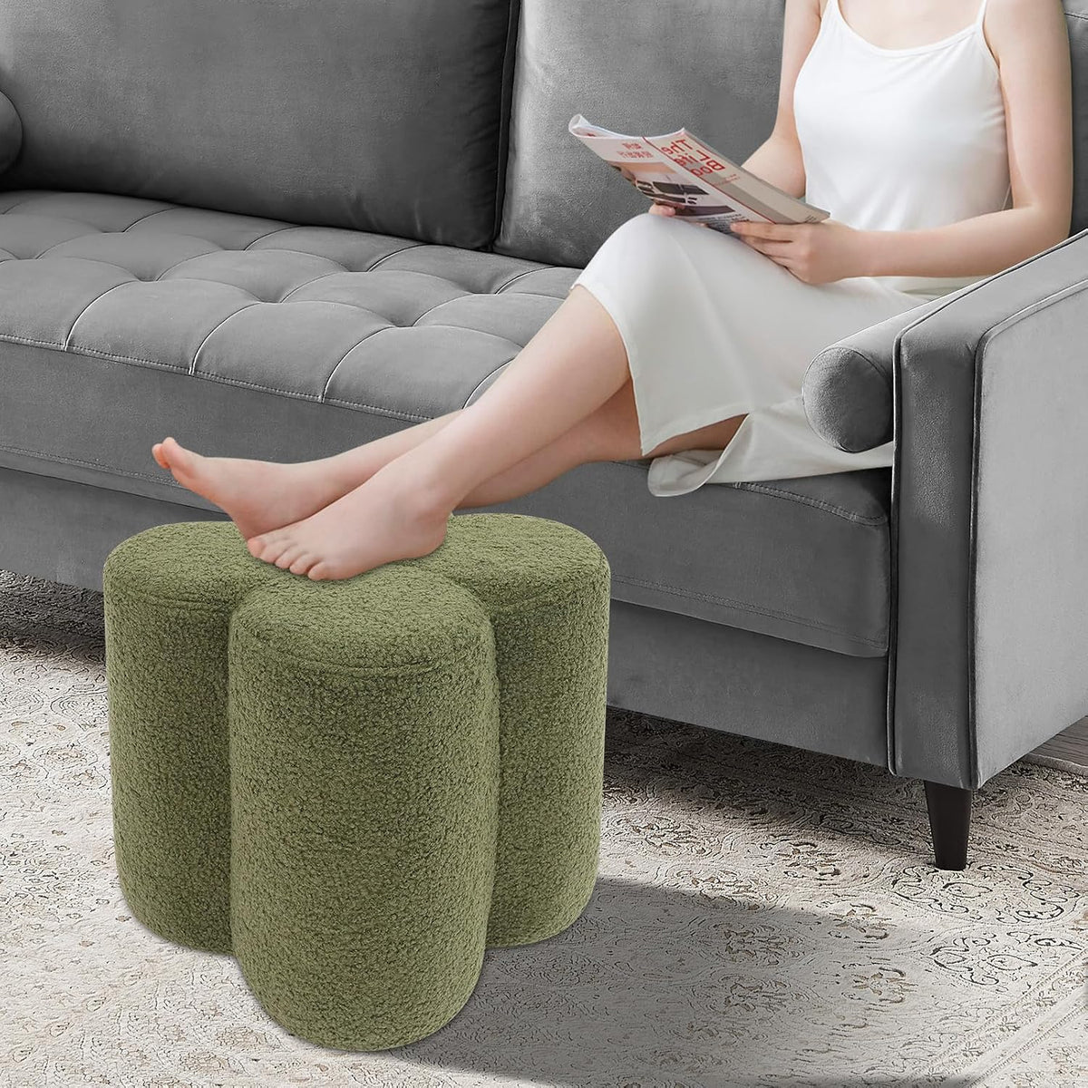 Pouf Ottoman, Flower Footrest Vanity Stool, 14.96"x15.74" Footstool Ottomans, Decorative Floor Poufs Foot Rest for Couch Bedroom Living Room Makeup Room Entryway (Green)