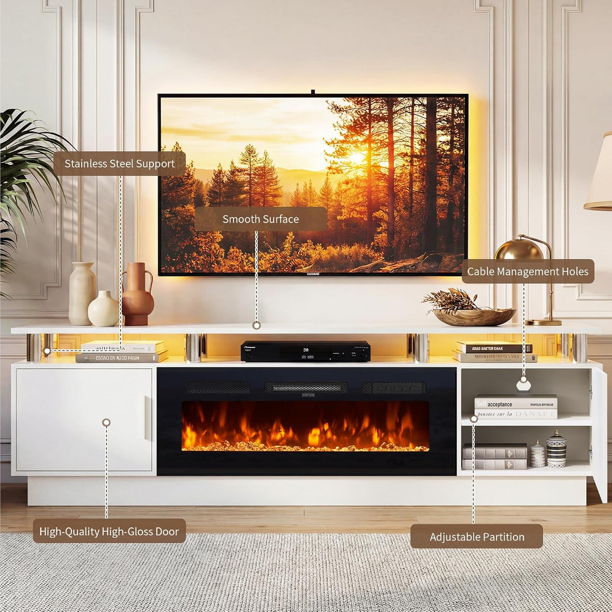 70" Fireplace TV Stand for TVs UP to 80", Electric Fireplace Entertainment Center with LED Lights & Storage Cabinets, TV Console for Living Room, Office, White-Black