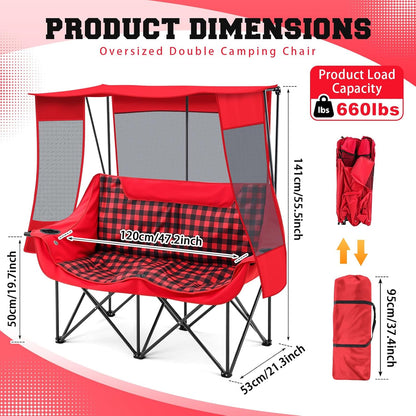Teenyyou Double Camping Chair with Canopy - 2 Person Beach Chair with UV Sun Protection 660lbs Heavy Duty Foldable Loveseat with 2 Cup Holder & Storage Bag for Lawn Beach Outdoor Sport(Red Plaid)