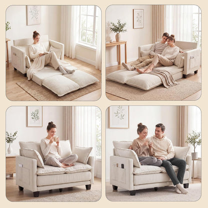 49" Loveseat Sofa Bed, 2 in 1 Convertible Small Sofa Pull Out Couch Bed Chenille Deep 2 Seat Sleeper Twin XL Futon Mattress for Small Spaces Living Room Bedroom Apartment Office, Beige
