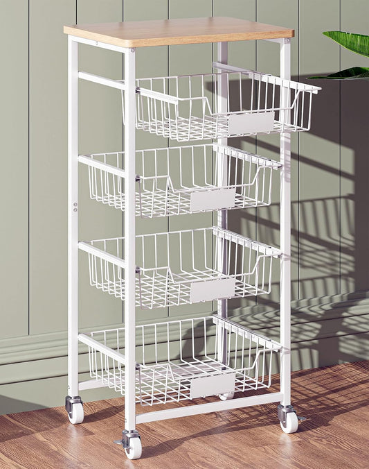 OKZEST 5-Tier Kitchen Storage Cart with 4 Upgraded Drawer Basket & Wood Top | Mobile fruit basket stand with 4 PE liners, Rolling kitchen pantry organizers, Holds potato, onion, drink, can, snack, veggie