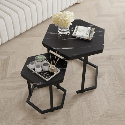 Hexagon Nesting Side Tables Set of 2, Black Marble | Space-saving hexagon nesting side tables set of 2, sturdy metal frame, waterproof MDF top, for living room bedroom