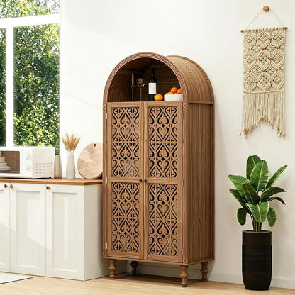 70" Tall Arched Kitchen Pantry with 5-Tier Storage Space, Boho Storage Cabinet with Hollow Carved Door, Modern Farmhouse Versatile Cupboard for Kitchen, Dining Room, Living Room, Walnut, 1 PCS