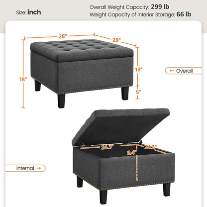 Yaheetech 28in Square Storage Ottoman Coffee Table with Nailhead, Dark Gray | Button-Tufted Linen-Look Fabric Bench, 3.2C Storage Space, Wood Legs, Metal Hinges, for Bedroom Foot of Bed Living Room