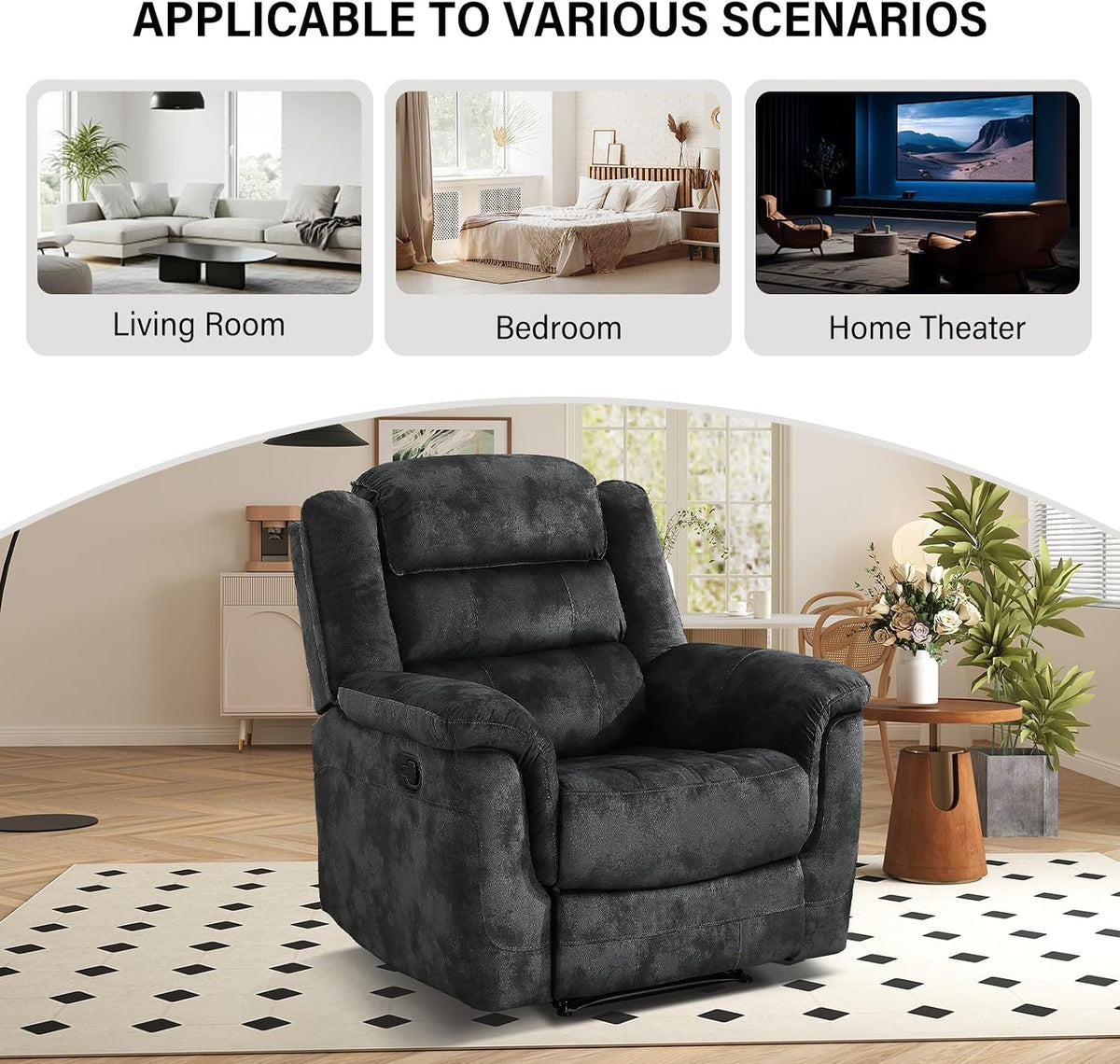 EBELLO Manual Recliner Chair, Soft Fabric Recliner Sofa with Overstuffed Armrest and Backrest for Living Room, Bedroom, Grey