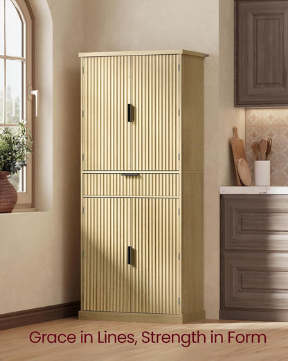 VASAGLE MAXE Collection - Pantry Cabinet, 70.6-Inch Tall Storage Cabinet with Drawer, 6 Adjustable Shelves, 2 Cabinets, Fluted Doors, Mid Century Modern, for Kitchen Living Room, Oak Beige UBBK365Y01