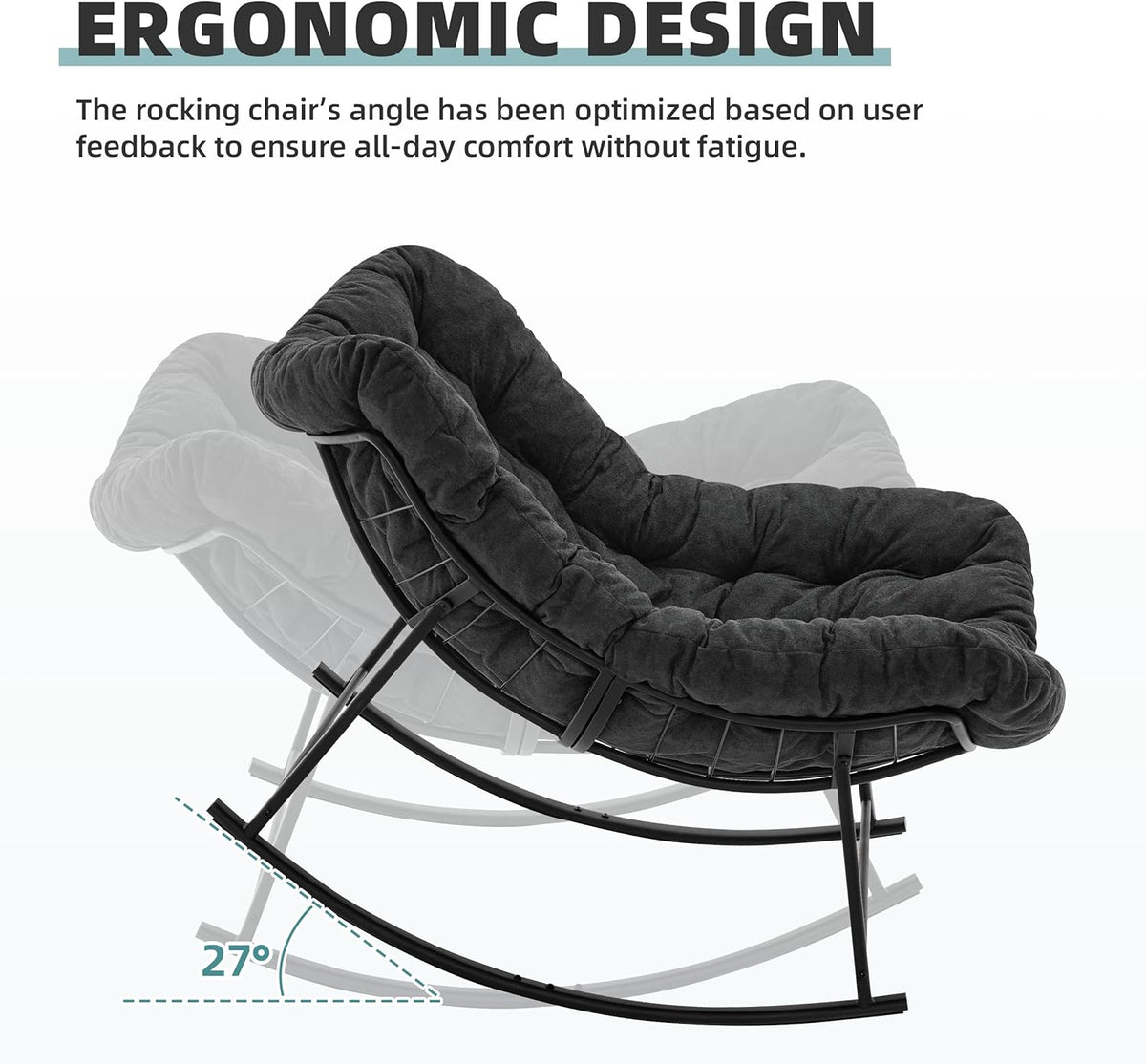Oversized Rocking Chair Indoor, Papasan Rocking Chair Outdoor, Lounge Chair with Cushion, Patio Egg Rocker Chairs, Comfy Reading Chairs for Bedroom, Living Room, Garden, Lawn, Dark Grey